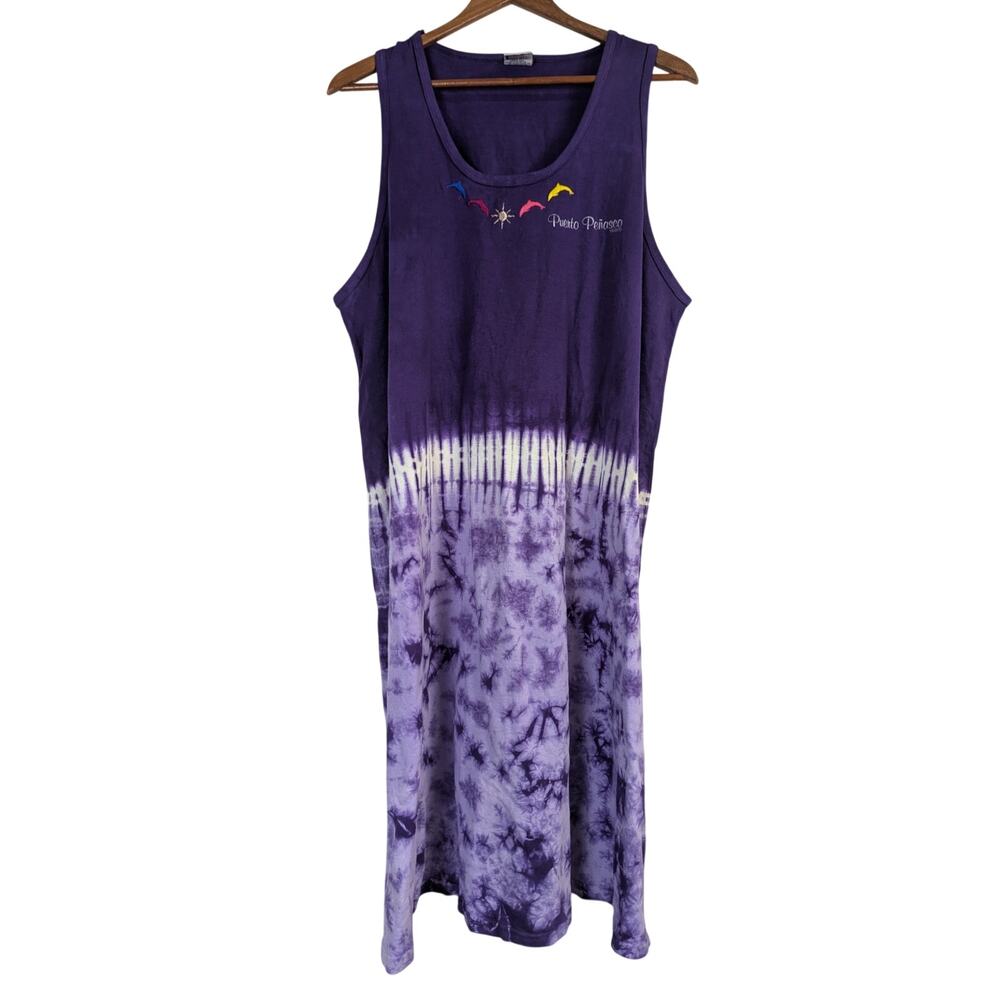 Vtg 1990s Tie Dye Beach Dress Cover Up Purple Dolphin Embroidery Mexico Large